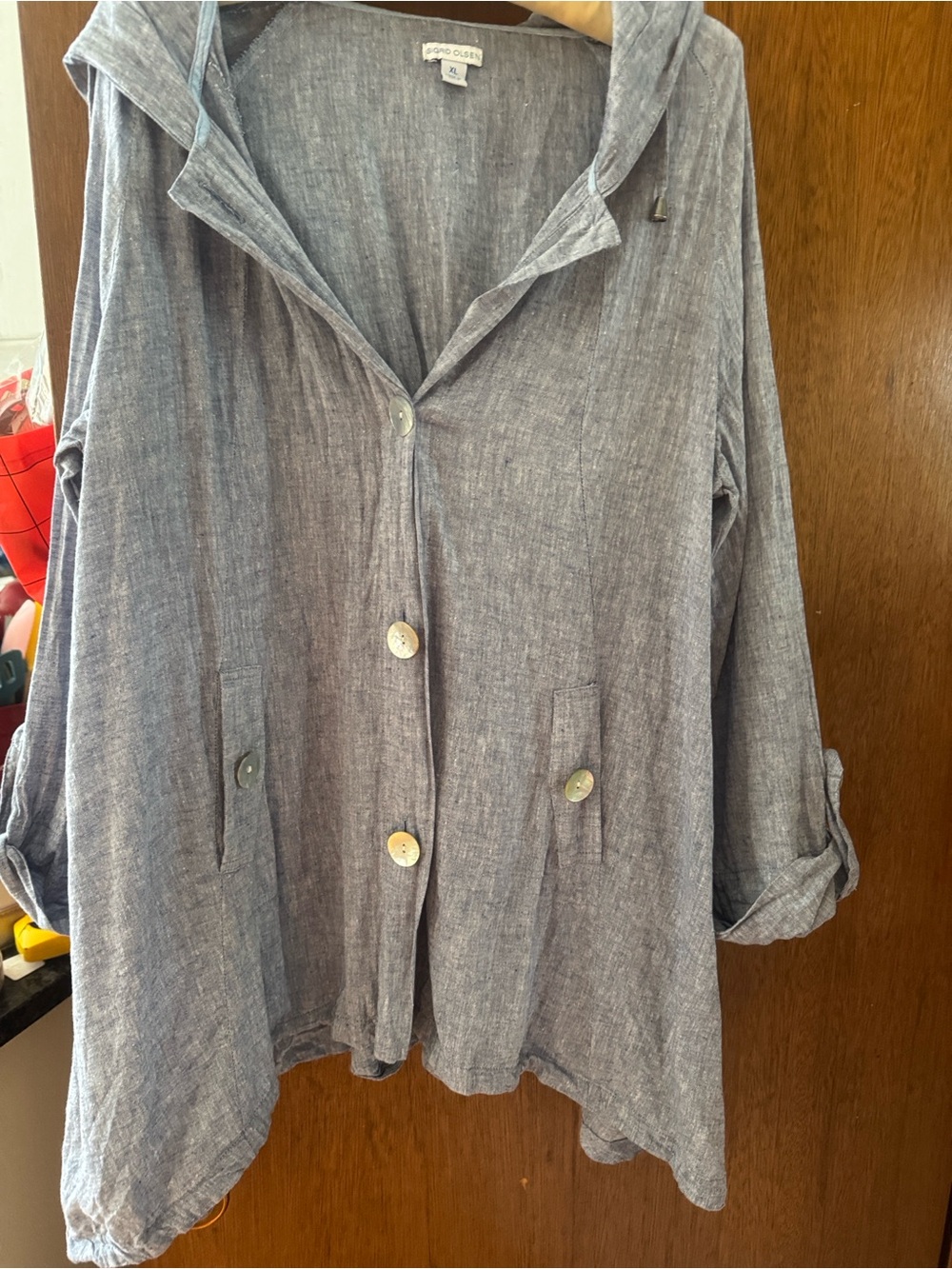 Sigrid Olsen Blue-Gray Linen Hooded Button Front Utility Jacket